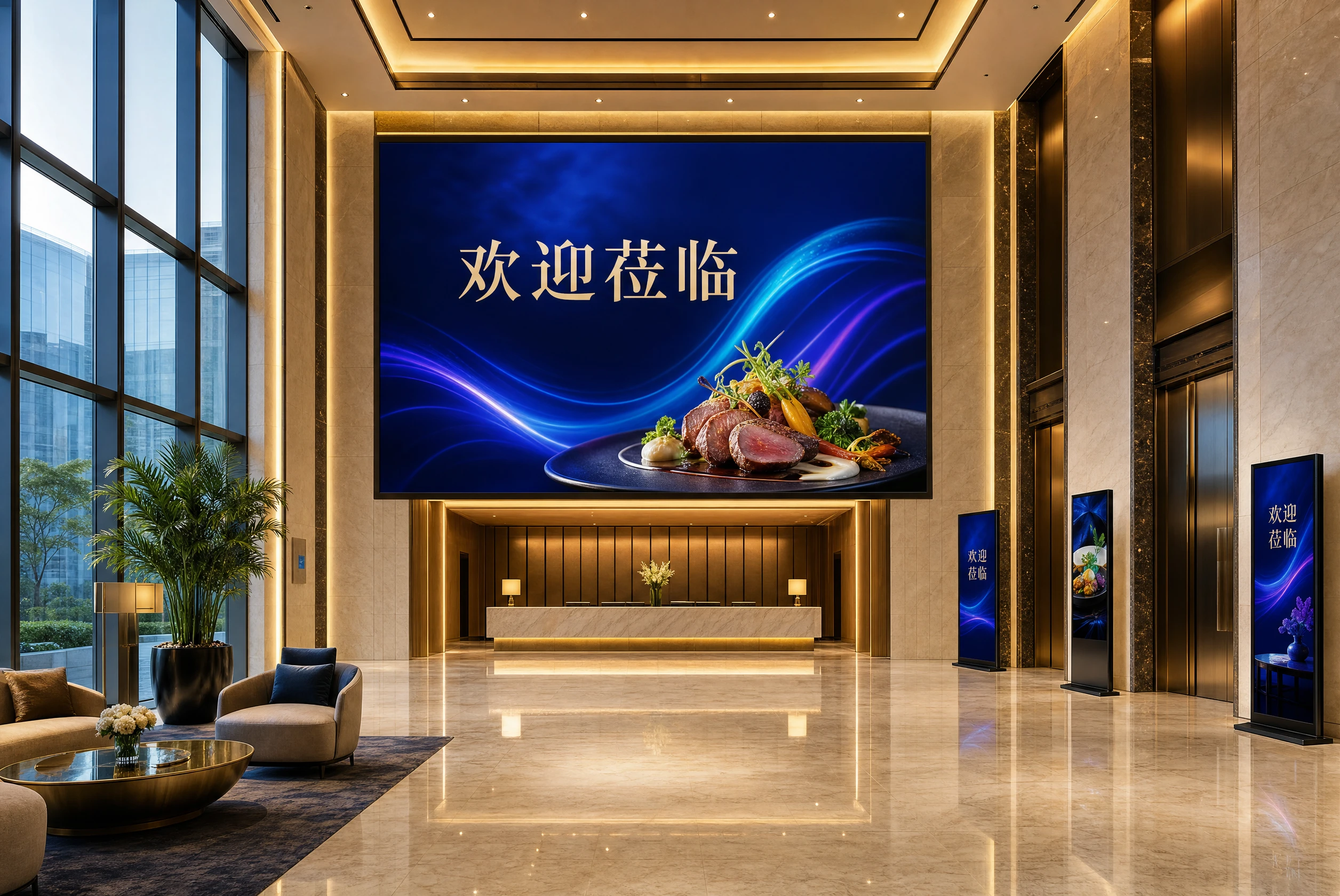 大堂巨幅欢迎屏与多台竖屏信息终端展示统一主题内容，AI 生成场景效果示意
